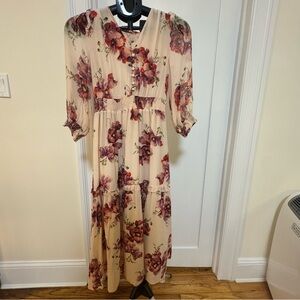 100% Silk Floral Print long sleeve Midi Dress